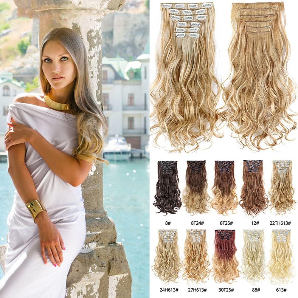 55cm 16Clips In Hair Extension Wave Synthetic Clip In Hair Extensions Ombre Black Brown 16Clips In Fake Hairpieces(88)