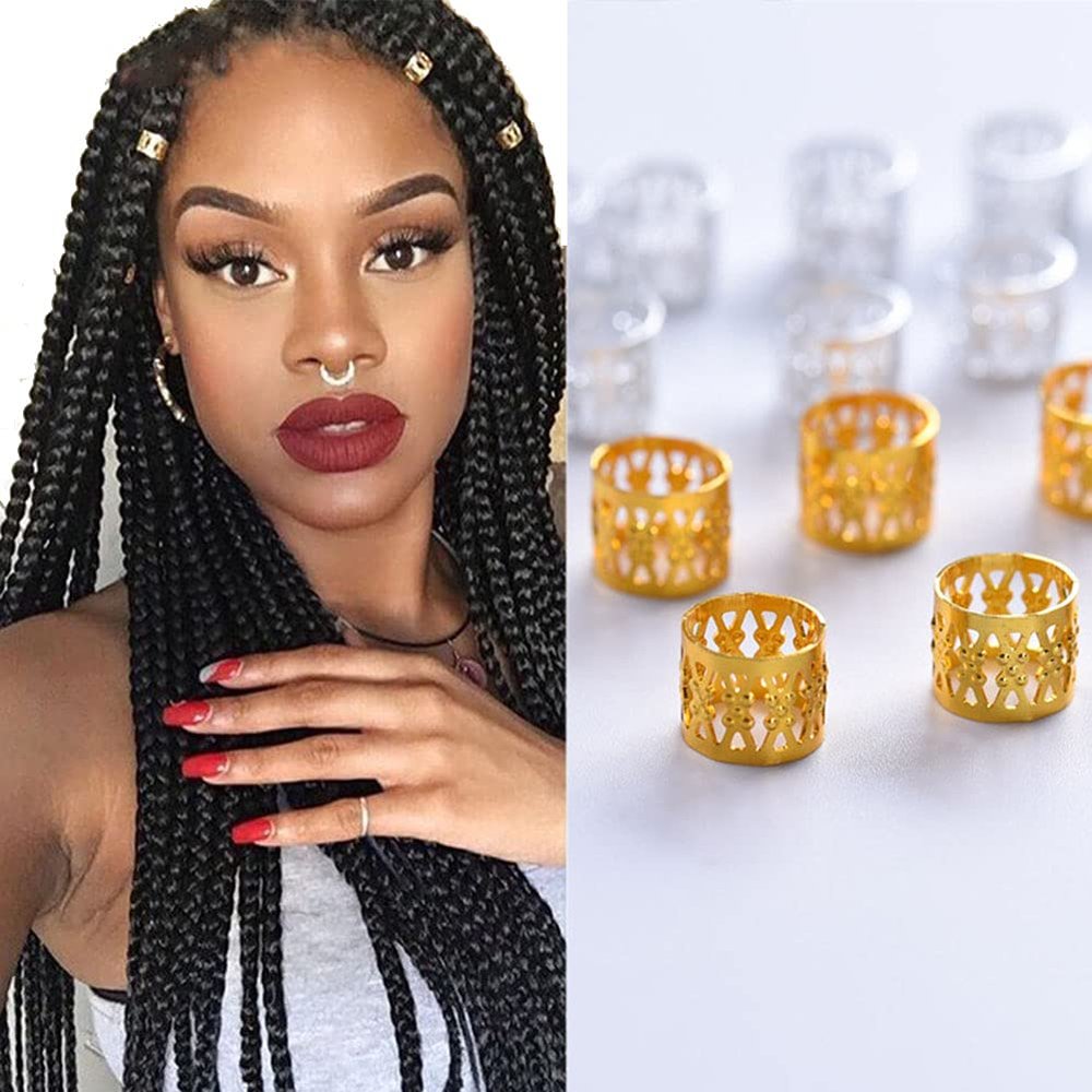 Tube Beads Golden Silver Rings For Braids Jewelry Ring Dread Dreadlock Beads Adjustable Braid Cuffs Hollow Hair Beads(Silver 50PCS)