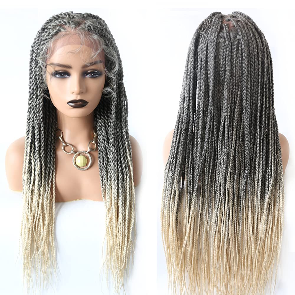 12.5X4.75" Lace Braids Wigs for Black Women Swiss Lace Front Cornrow Box Braided Wig Baby Hair 31" Synthetic Lightweight Cornrow Micro Twist Braids Wigs 1B/613T# Black Blonde Ombre