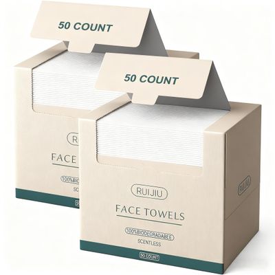 100 Count 2 PACK, Disposable Face Towel, Large Size 10"X 12", Disposable Face Cloths, 100% Biodegradable Towel, Skin Soft and Thick for Washing