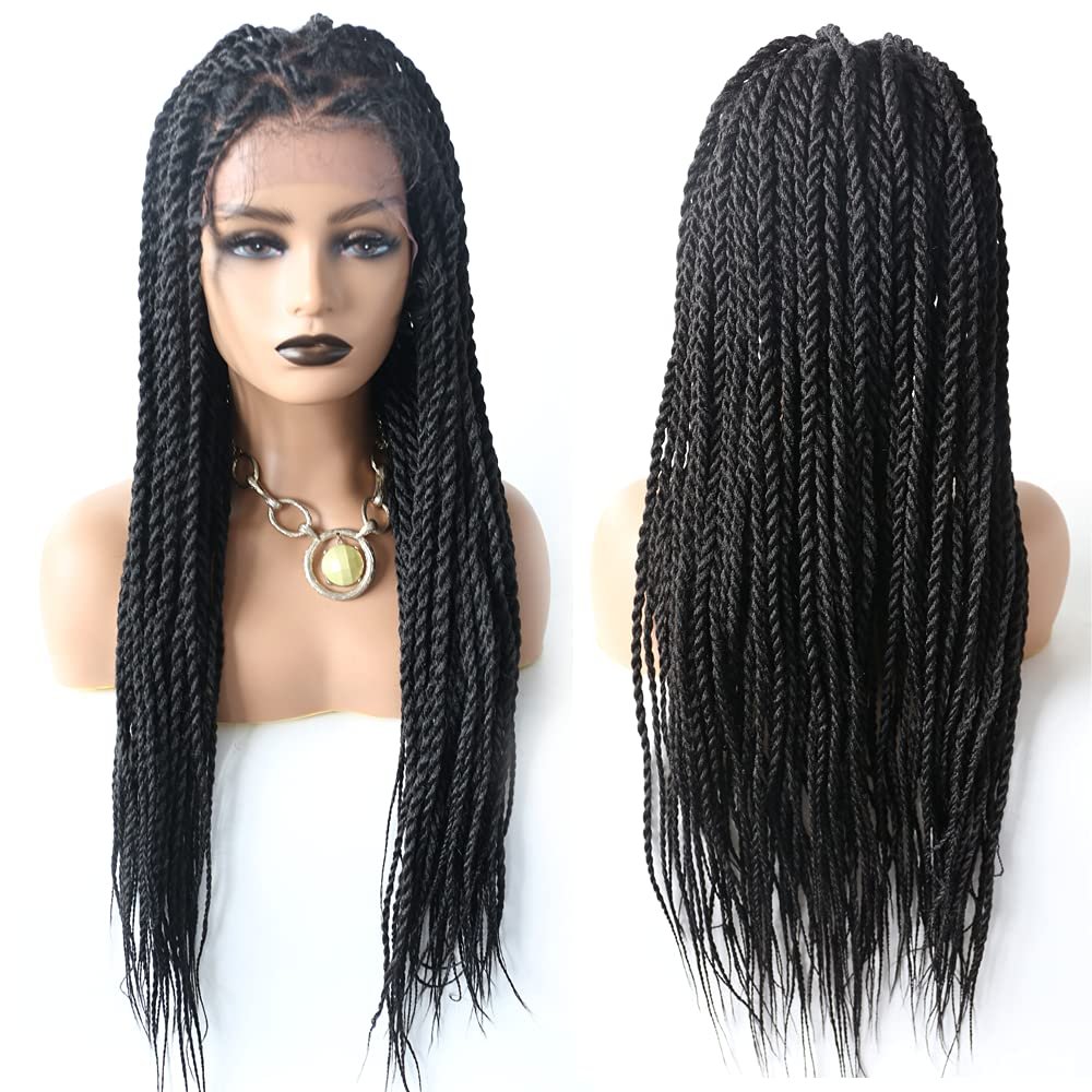 12.5X4.75" Swiss Lace Front Afro Box Braided Wigs for Women Natural Looking Twist Micro Box Braids Wig with Baby Hair Premium Quality Synthetic Long Lightweight Hair Wig 31" 1B# Black