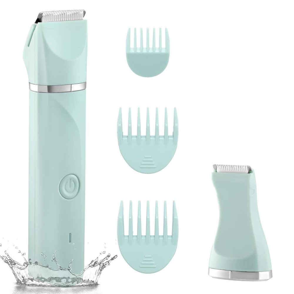 Waterproof Bikini Trimmer Women Electric Razor for Pubic Hair Women's Foil Shaver Rechargeable Shaver Removal with Snap-in Ceramic Blades IP7X Washable Head,Wet and Dry Use,Green