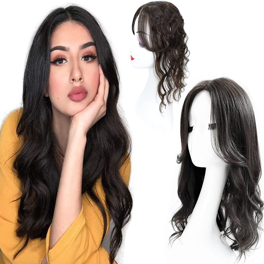 12" Wavy Human Hair Topper with Bangs 5x5" Silk Base Curly Hair Topper Hairpieces Clip in Middle Part Long Wavy Side Bangs Wavy Wiglets Hairpieces Clip in Toupee for Women(Natural Black)