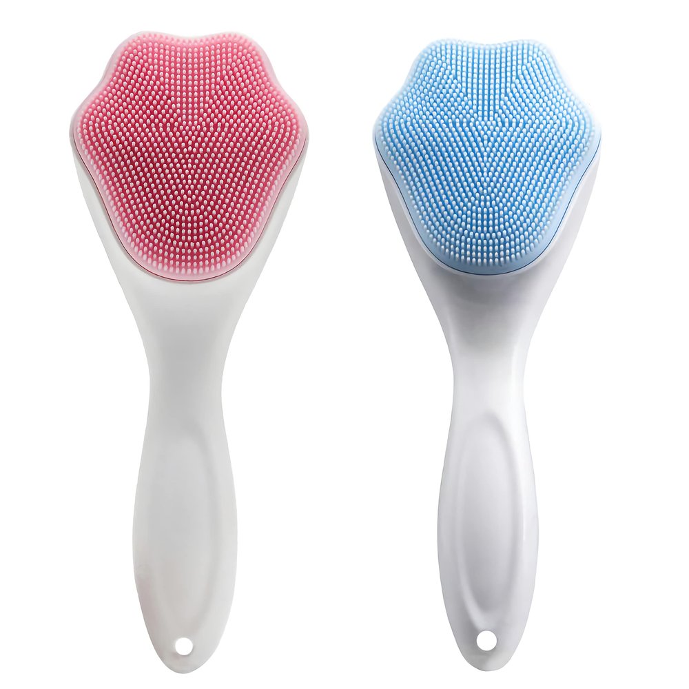 2 PC Silicone Facial Cleansing Brush Silicone Facial Scrubber Manual Exfoliating Facial Brush Face Cleanser Face Exfoliator Fine Bristles for Sensitive Skin Easy to Clean Lather Well (Pink&Blue)