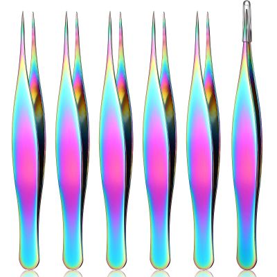 Honoson 6 Pieces Tweezers for Ingrown Hair Remover Pointed Blackhead Remover Point Tip Tweezers Stainless Steel for Nose Facial Hair Eyebrow and Shards(Rainbow Color)