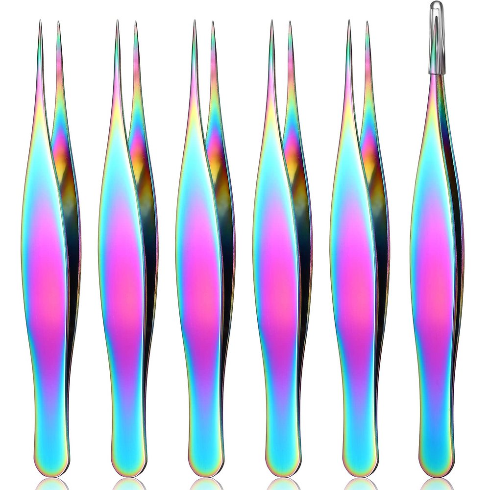 Honoson 6 Pieces Tweezers for Ingrown Hair Remover Pointed Blackhead Remover Point Tip Tweezers Stainless Steel for Nose Facial Hair Eyebrow and Shards(Rainbow Color)
