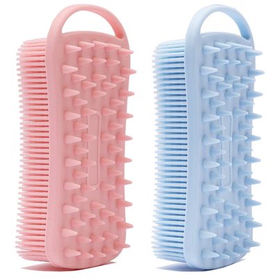 2 PC Silicone Exfoliating Body Scrubber, 2 in 1 Silicone Body Shampoo Brush, Soft Silicone Loofah for Sensitive Skin, Shower Silicone Hair Scalp Massager, Easy to Clean, Lather Well (Pink&Blue)