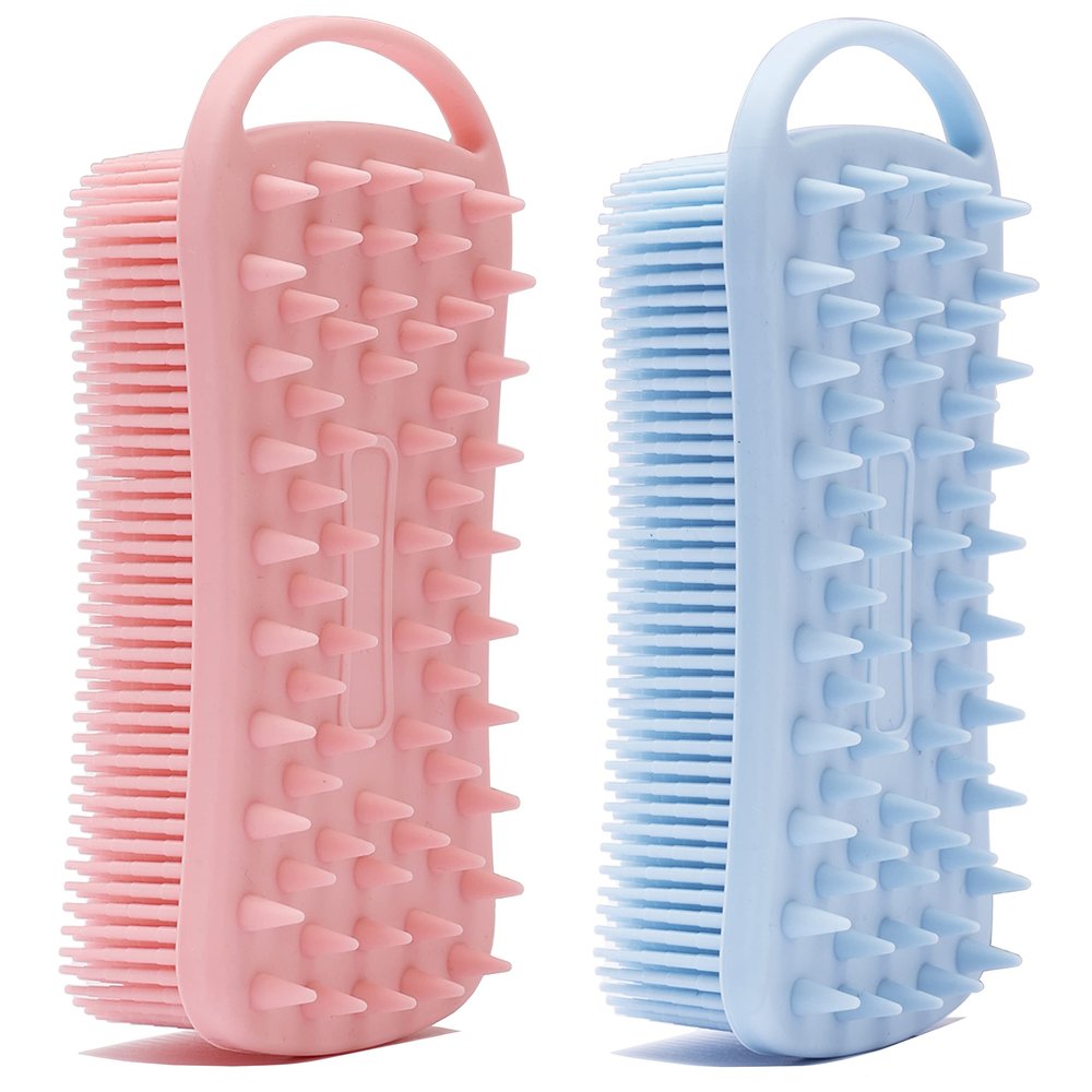 2 PC Silicone Exfoliating Body Scrubber, 2 in 1 Silicone Body Shampoo Brush, Soft Silicone Loofah for Sensitive Skin, Shower Silicone Hair Scalp Massager, Easy to Clean, Lather Well (Pink&Blue)