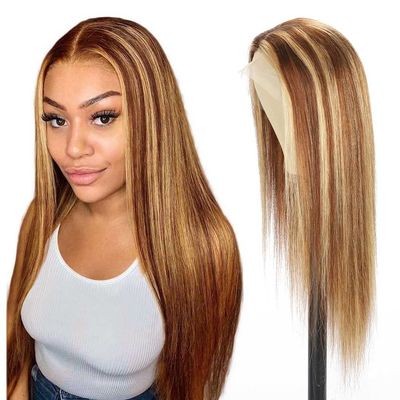 13x4 Hd lace front wigs human hair Bone straight human hair wigs Highlight 4/27 Pre-Plucked human hair wigs 18inches