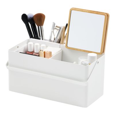 YAMAZAKI Home Tower Large Makeup Organizer Cosmetic Caddy With Handle Vanity Storage Drawer With Lid - Steel + Wood