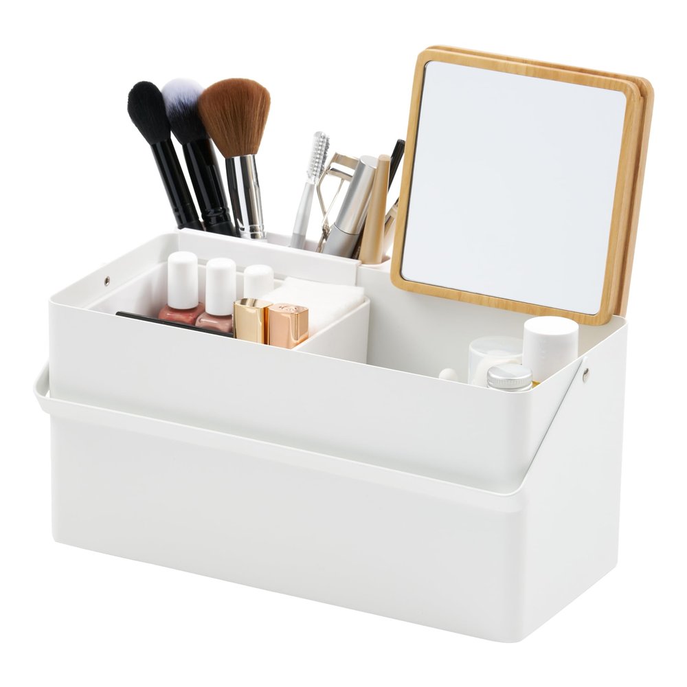 YAMAZAKI Home Tower Large Makeup Organizer Cosmetic Caddy With Handle Vanity Storage Drawer With Lid - Steel + Wood