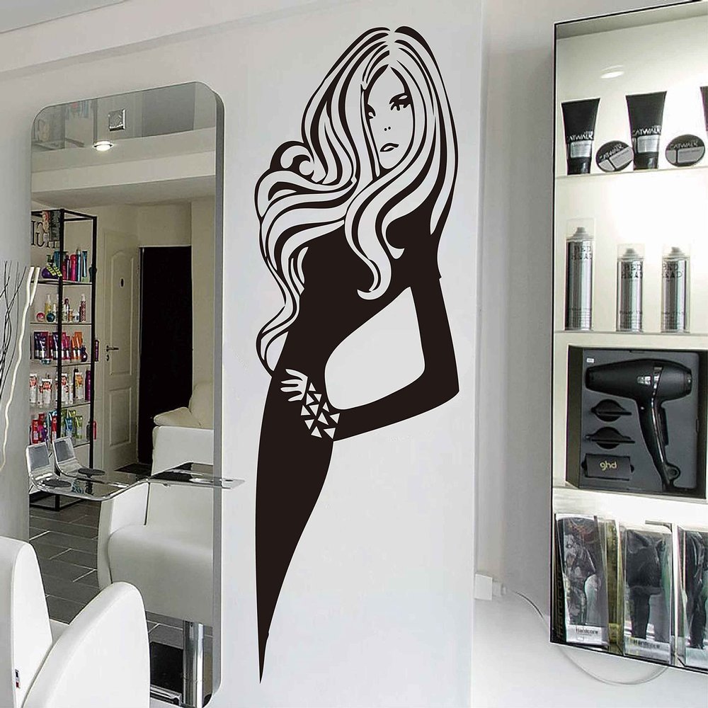 Pretty Woman Wall Decals Hair Salon Beauty Master Barber Vinyl Sticker Hairstyle Barbershop Decor EA116 (Black, Medium)