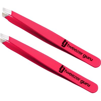 Tweezer Guru Tweezers for Women Facial Hair & Men Precision Slant-Pointed Eyebrow Tweezer for Ingrown Hair, Blackhead & Splinter Removal (2 Bright Pink)