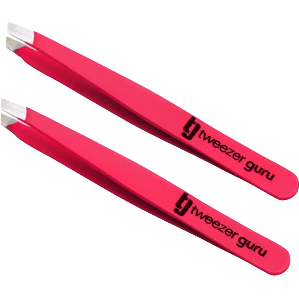 Tweezer Guru Tweezers for Women Facial Hair & Men  Precision Slant-Pointed Eyebrow Tweezer for Ingrown Hair, Blackhead & Splinter Removal (2 Bright Pink)