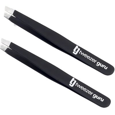 Tweezer Guru Tweezers for Women Facial Hair & Men Precision Slant-Pointed Eyebrow Tweezer for Ingrown Hair, Blackhead & Splinter Removal (2 Black)