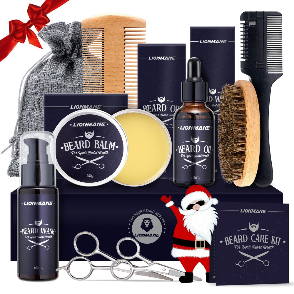 Lionmane Beard Care Christmas Gifts Kit for Men, Beard Mustache Grooming Kit-Beard Balm, Beard Wash, Beard Oil, Brush, Scissors, Birthday Anniversary Thanksgiving Gifts for Husband/Boyfriend/Dad/Him