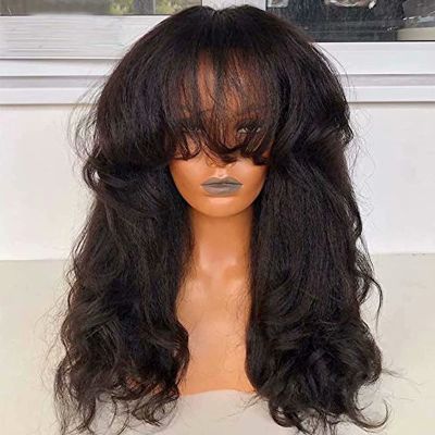 13x4 HD Transparent Invisible Lace Front Natural Wave Human Hair Wig With Bangs Natural Black Color For Black Women Glueless Brazilian Remy Hair 150% Density Pre-Plucked Natural Hairline 24 Inch