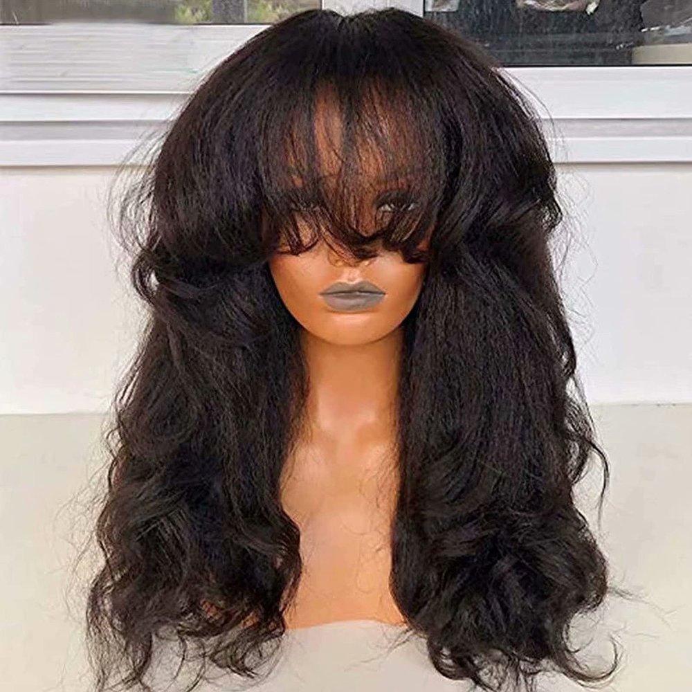 13x4 HD Transparent Invisible Lace Front Natural Wave Human Hair Wig With Bangs Natural Black Color For Black Women Glueless Brazilian Remy Hair 150% Density Pre-Plucked Natural Hairline 24 Inch
