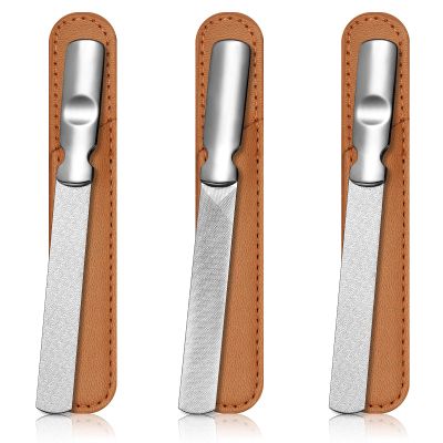 3 Pieces Stainless Steel Nail Files Metal Nail File with Leather Case Heavy Duty Double Sided Metal Manicure Set with Leather Sheath (Brown)