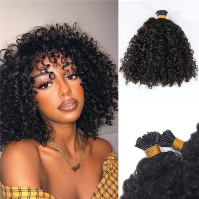 14 inch Short Curly I Tip Human Hair Extension Pre Bonded Brazilian Remy Hair Small Curly Microlinks Keratin Stick I Tip Hair For Black Women 100Strands 100g (16inch 100strands, #2(Darkest Brown))