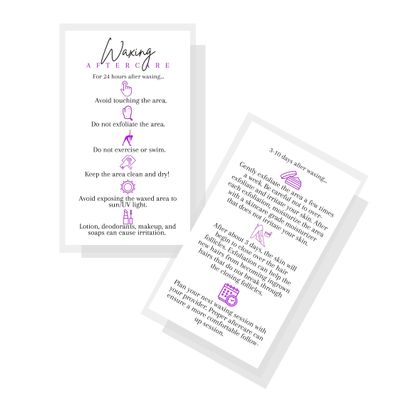 Boutique Marketing LLC Waxing Aftercare Cards | 50 Pack | Size 2 x 3.5 inches Business Card Size | Hair Removal Aftercare Kit | White with Purple Design
