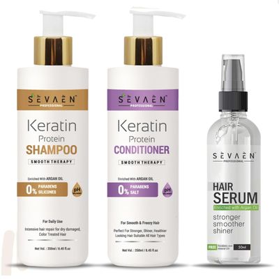 SEVAEN Keratin Smooth Shampoo & Conditioner & Serum | Professional, Smooth & Shine for Unisex, 550 ml