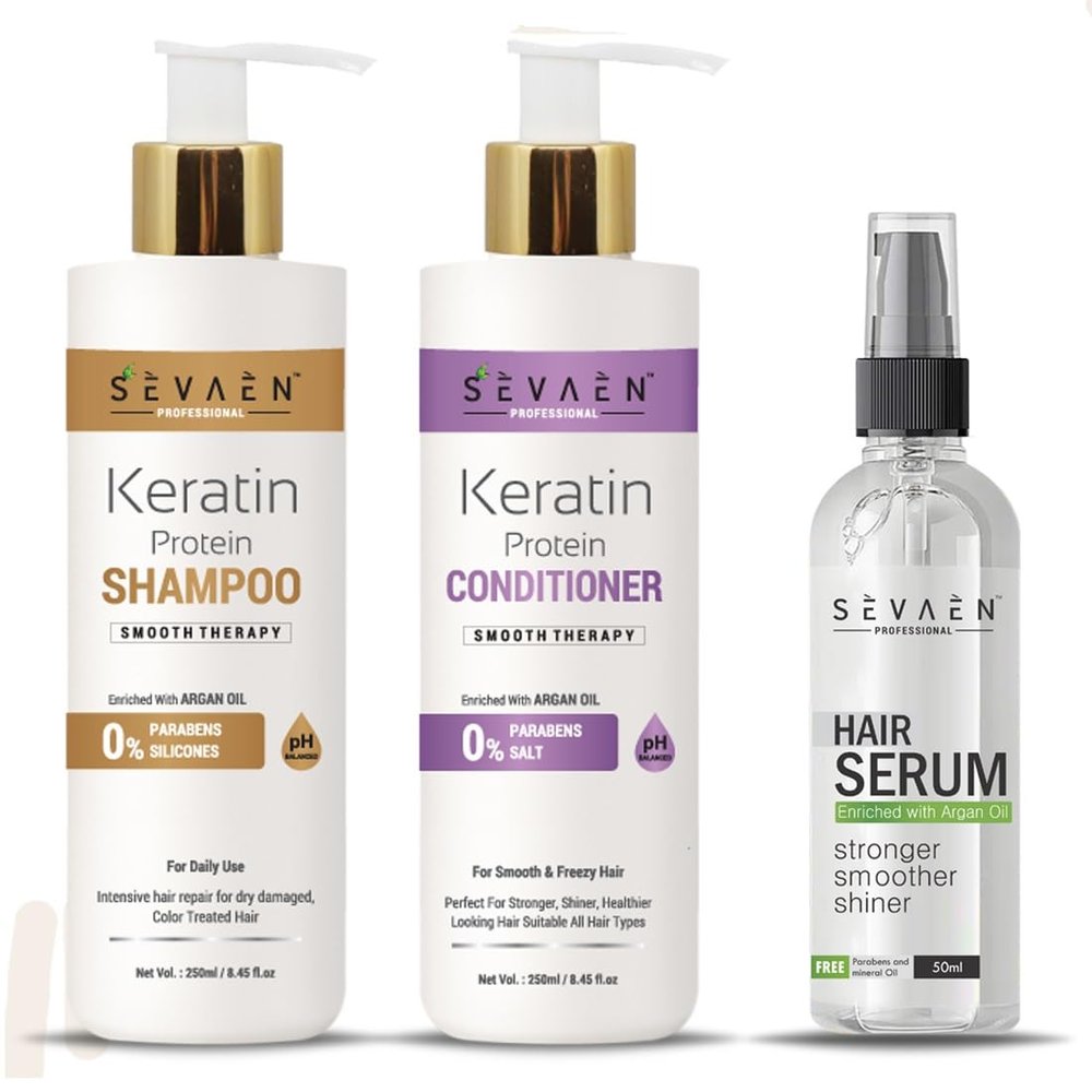SEVAEN Keratin Smooth Shampoo & Conditioner & Serum | Professional, Smooth & Shine for Unisex, 550 ml