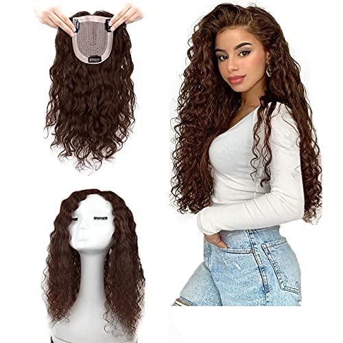 14" Handtied Wavy Curly Mono Topper Clip in Hair Topper Huaman Hair 10x12cm Medium Top Hairpieces for Women with Thinning Hair/Loss Hair Add Hair Volume Dark Brown