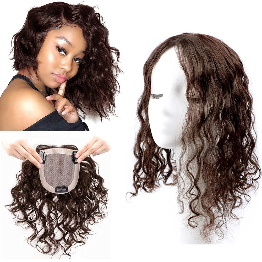 10" Handtied Wavy Curly Mono Topper Clip in Hair Topper Huaman Hair 10x12cm Medium Top Hairpieces for Women with Thinning Hair/Loss Hair Add Hair Volume Dark Brown