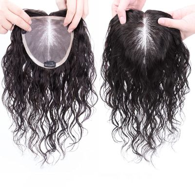 10" Breathable Wavy Curly Human Hair Topper Clip in Remy Hair Piece for Women Free Parting All Handmade 5.5x6" Mono Base Top Hairpieces Fluffy Natural Black