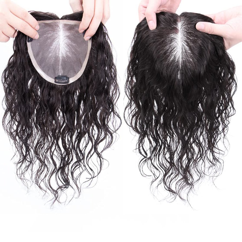 10" Breathable Wavy Curly Human Hair Topper Clip in Remy Hair Piece for Women Free Parting All Handmade 5.5x6" Mono Base Top Hairpieces Fluffy Natural Black