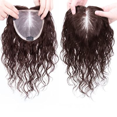 12" Breathable Wavy Curly Human Hair Topper Clip in Remy Hair Piece for Women Free Parting All Handmade 5.5x6" Mono Base Top Hairpieces Fluffy Dark Brown