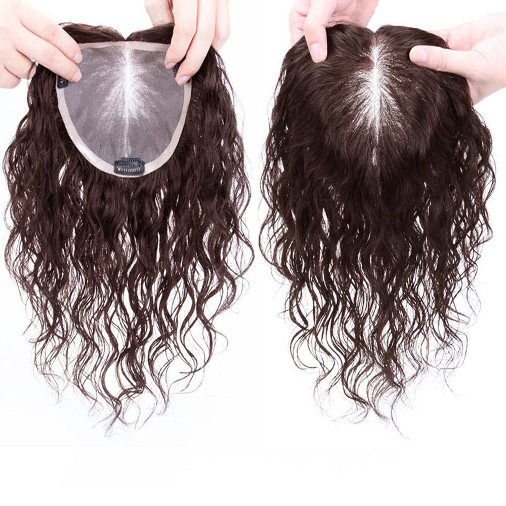12" Breathable Wavy Curly Human Hair Topper Clip in Remy Hair Piece for Women Free Parting All Handmade 5.5x6" Mono Base Top Hairpieces Fluffy Dark Brown