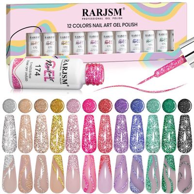 RARJSM Reflective Glitter Nail Art Gel Liner Flash Diamond Painted Gel Nail Polish 12 Colors 5ml Sparkle Silver Brown Hot Pink Green Black Pigment UV LED Soak off Curing Requires for Nail Design