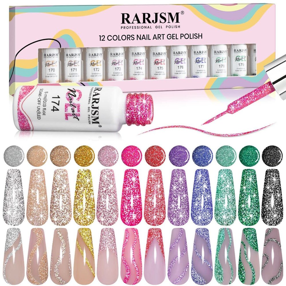 RARJSM Reflective Glitter Nail Art Gel Liner Flash Diamond Painted Gel Nail Polish 12 Colors 5ml Sparkle Silver Brown Hot Pink Green Black Pigment UV LED Soak off Curing Requires for Nail Design