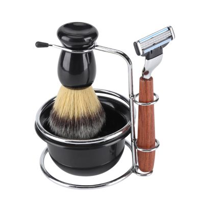 Goick Wet Shaving Kit, 4-Piece Manual Safety Razor with Badger Hair Brush, Stainless Steel Stand and Lathering Bowl Set, Premium Men's Grooming and Gift Set
