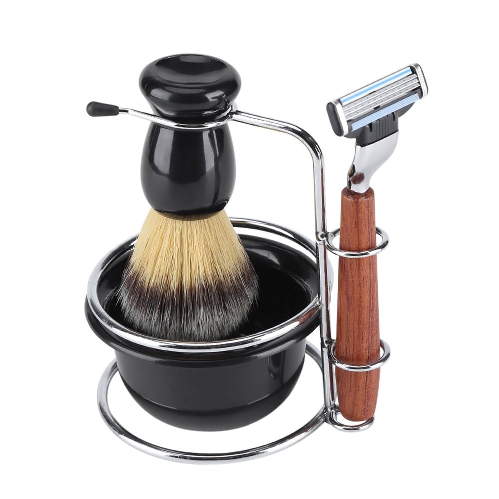 Goick Wet Shaving Kit, 4-Piece Manual Safety Razor with Badger Hair Brush, Stainless Steel Stand and Lathering Bowl Set, Premium Men's Grooming and Gift Set