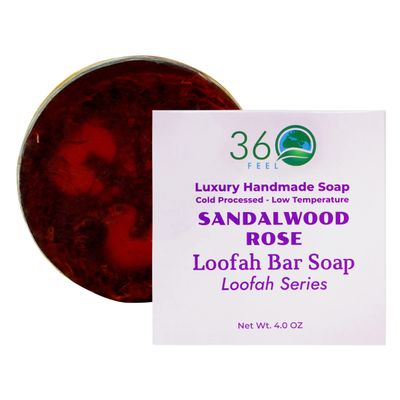 360Feel Sandalwood Rose Loofah Bar Soap - Luxury Handmade Soap, Vegan & Cruelty-Free - Cleanse, Exfoliate & Nourish - Pamper Yourself or Gift to Loved Ones!