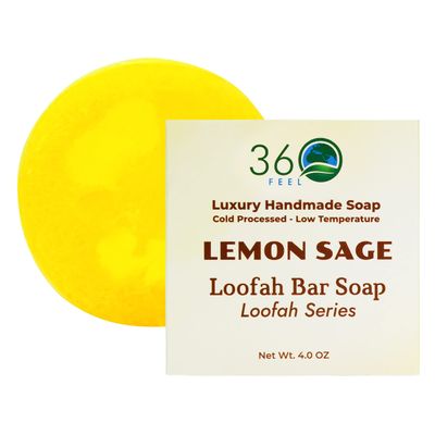 360Feel Lemon Sage Loofah Bar Soap - Luxury Handmade Soap, Vegan & Cruelty-Free - Cleanse, Exfoliate & Nourish - Pamper Yourself or Gift to Loved Ones!