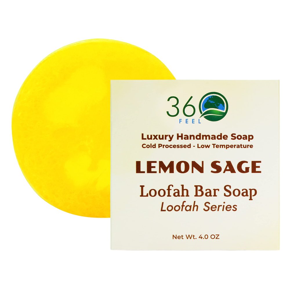 360Feel Lemon Sage Loofah Bar Soap - Luxury Handmade Soap, Vegan & Cruelty-Free - Cleanse, Exfoliate & Nourish - Pamper Yourself or Gift to Loved Ones!