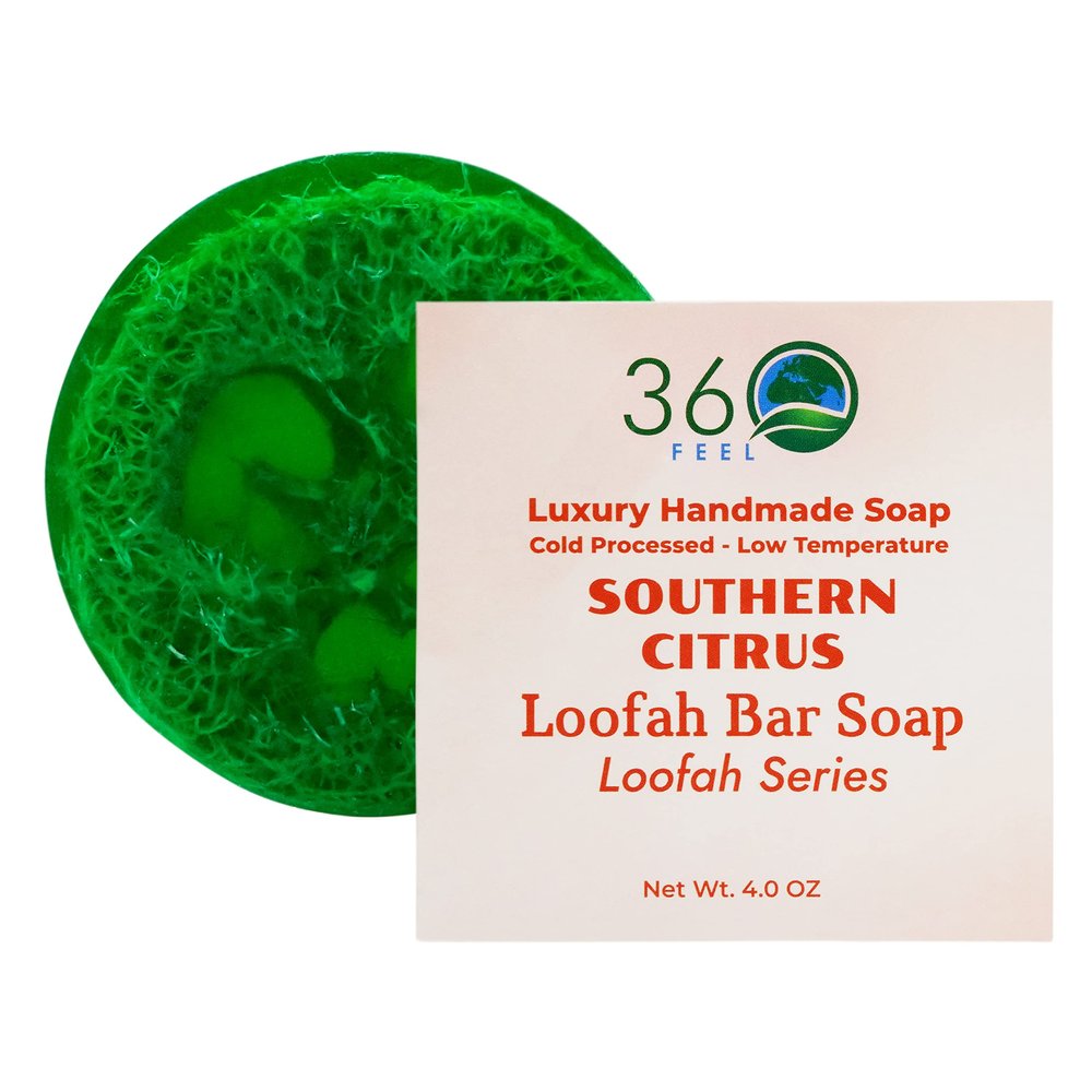 360Feel Southern Citrus Loofah Bar Soap - Luxury Handmade Soap, Vegan & Cruelty-Free - Cleanse, Exfoliate & Nourish - Pamper Yourself or Gift to Loved Ones!