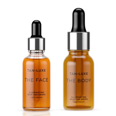 TAN-LUXE Glow Kit - Light/Medium Face & Body Illuminating Self Tan Drops - Self Tanner Drops for Customizable Glow - Add to Your Existing Skincare - 1 The Face 30ml Bottle, 1 The Body 50ml Bottle