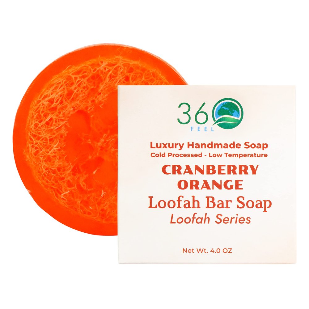 360Feel Cranberry Orange Loofah Bar Soap - Safe for Sensitive Skin - Luxury Handmade Soap - Natural & Unblocked Loofah Sponge - Exfoliate & Scrub - Removes Dead Skin - Vegan & Pure