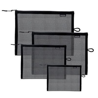 SUPACOOL Set of 4 Travel Mesh Makeup Bag, Cosmetic Organizer Pouches with Zipper, Diaper Organizing Pouches, Nylon Toiletries Bag for Women and Men(4pcs, Black)