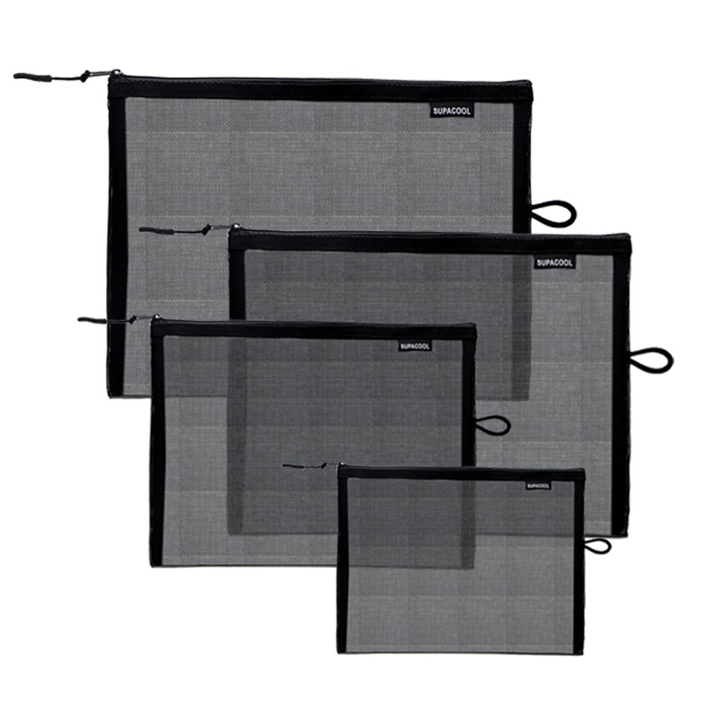 SUPACOOL Set of 4 Travel Mesh Makeup Bag, Cosmetic Organizer Pouches with Zipper, Diaper Organizing Pouches, Nylon Toiletries Bag for Women and Men(4pcs, Black)