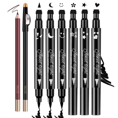 8 Pack Liquid Eyeliner Stamp Set with 6Pcs Eyeliner Stamp and 2Pcs Eyebrow Pencil, Waterproof Smudgeproof Eyeliner Long Lasting Eyeliner Pen (Heart/Flower/Moon/Star/Smiley /Triangle Seal Stamp)