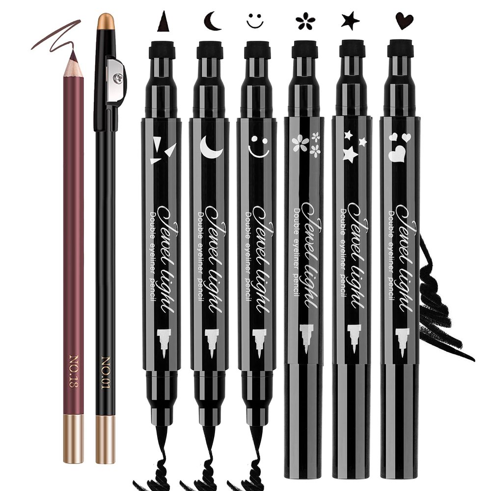 8 Pack Liquid Eyeliner Stamp Set with 6Pcs Eyeliner Stamp and 2Pcs Eyebrow Pencil, Waterproof Smudgeproof Eyeliner Long Lasting Eyeliner Pen (Heart/Flower/Moon/Star/Smiley /Triangle Seal Stamp)