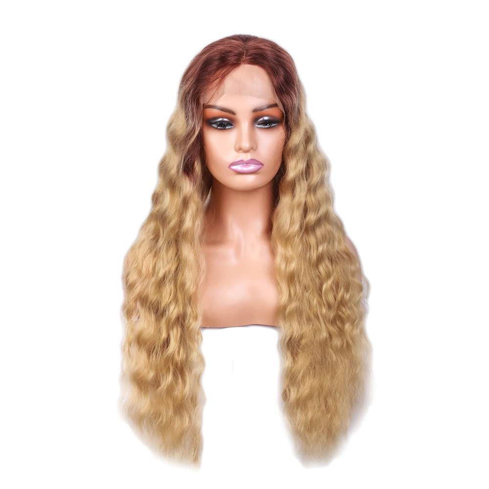 IMMESSHOW Blonde Curly Wig with Bangs Long Wavy Ombre Wigs for Women ( for Daily,Cosplay,Party,Halloween Wig),Ombre Brown,LACE4656-US,58cm
