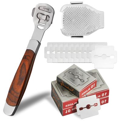 52Pcs Callus Shaver Set,1Stainless Steel Foot Razor Wooden Handle with 50Replacement Slices Blades and 1Foot File Head Foot Care Tools,Foot Shaver Callus Remover,Hard Dry Skin Remover for Hand Feet