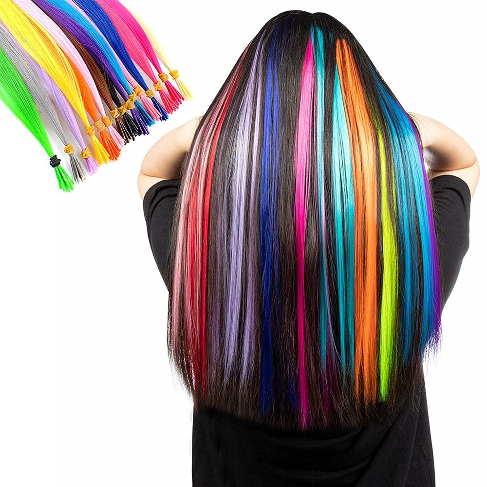 100 Strands 20" Party Colors I Tip Fusion Hair Extensions Kit +100 Micro Beads+ Hook Needle +Plier I-Tip Long Straight Hairpieces Highlight Feather Micro Ring Hair Accessories
